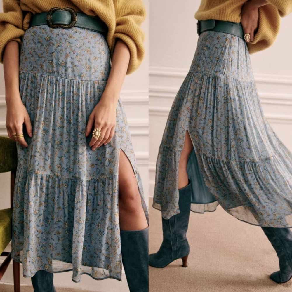 Sezane Tammie Blue Midi Floral Flowy Skirt